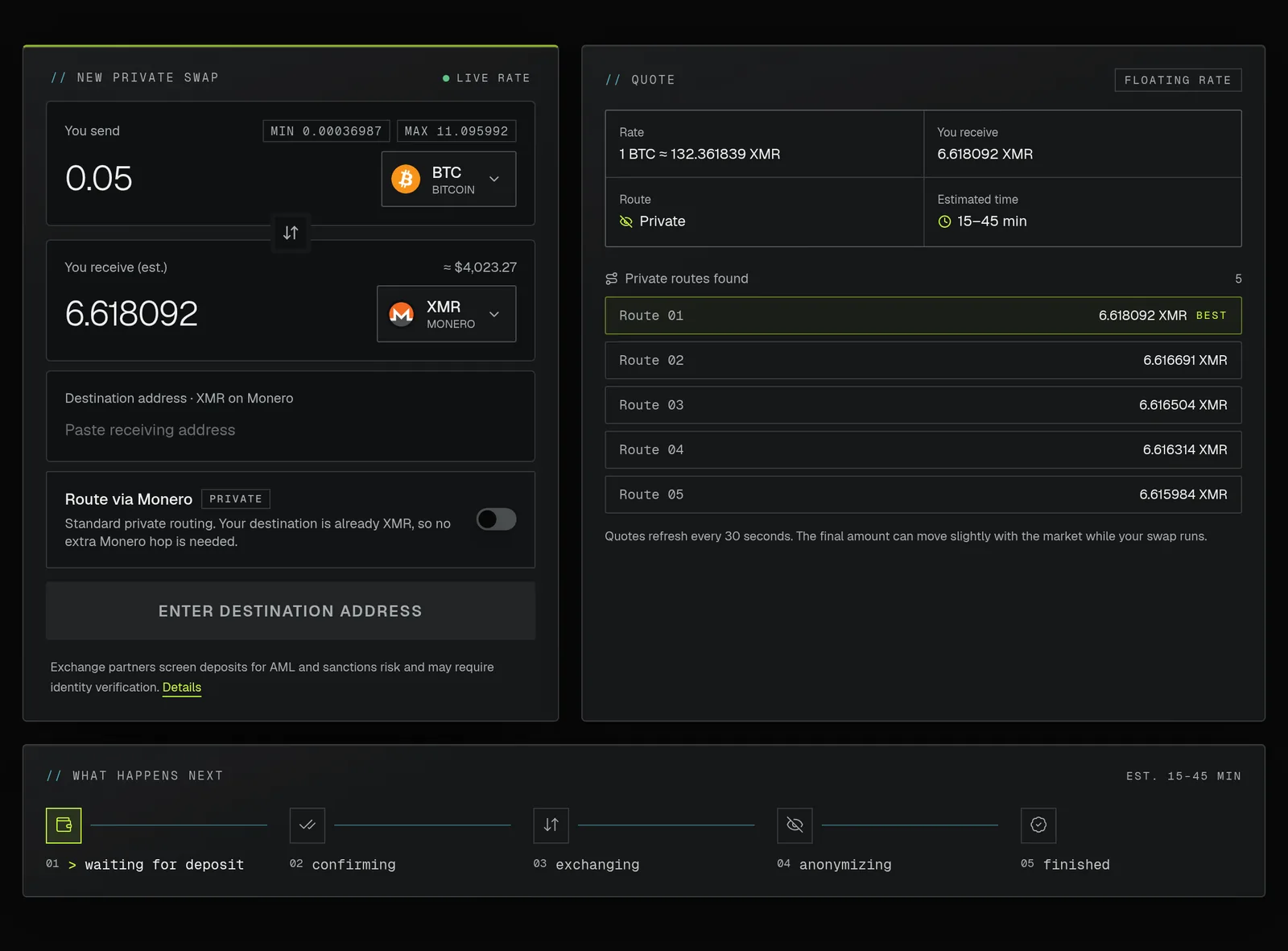 Preview of the private swap module inside Arcanum.Finance